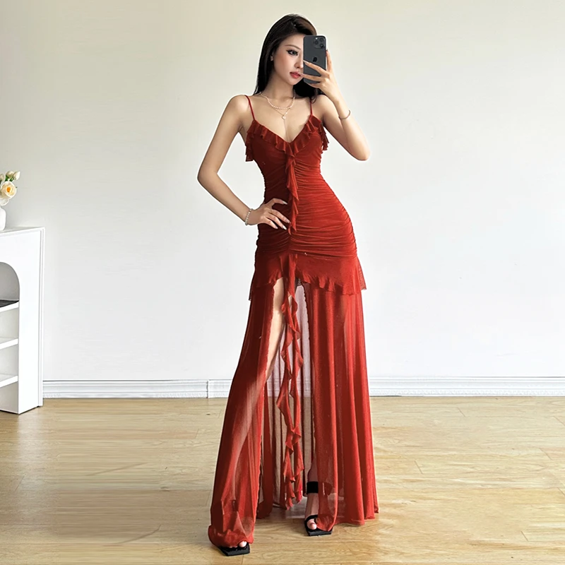 Malou 法式优雅砖红色气质显瘦开叉连衣裙女 时尚长裙K24D46695