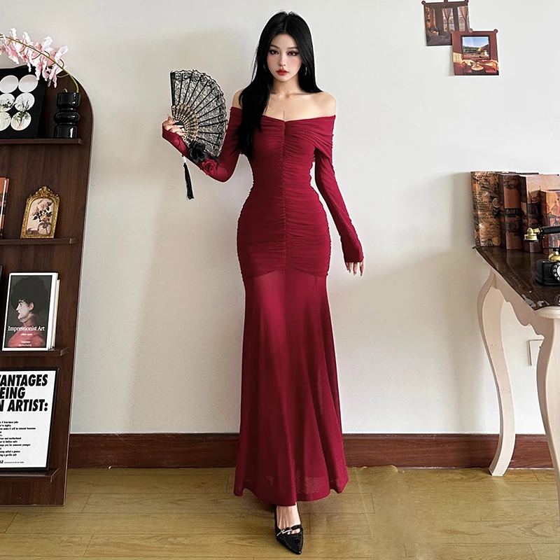 Malou 法式轻奢复古一字肩翻领显瘦连衣裙女 晚宴礼服裙K24D56282