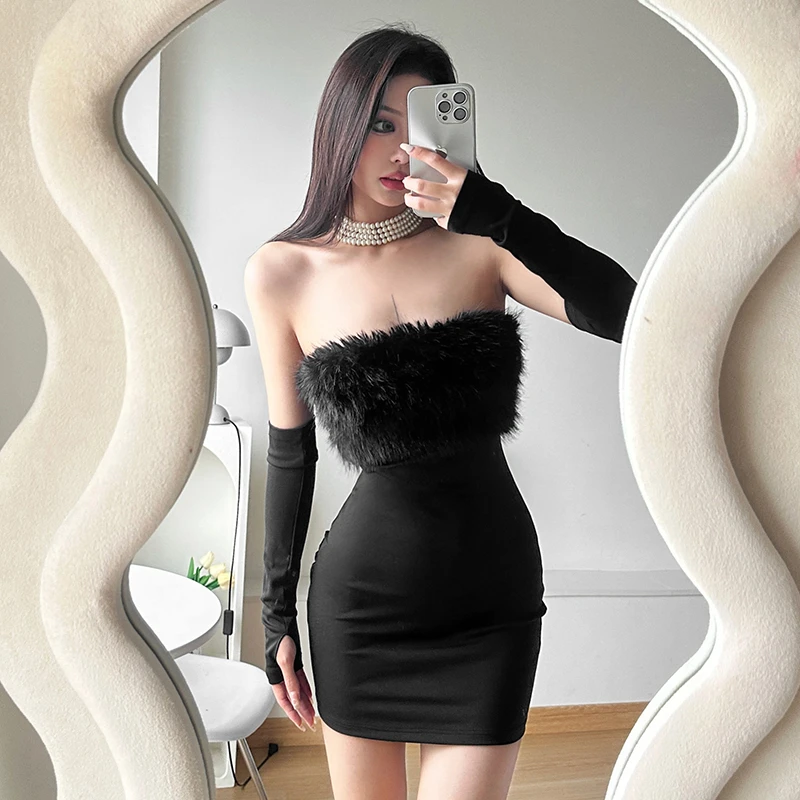 Malou 盐系千金风毛毛拼接抹胸连衣裙气质显身材包臀裙K23S38632