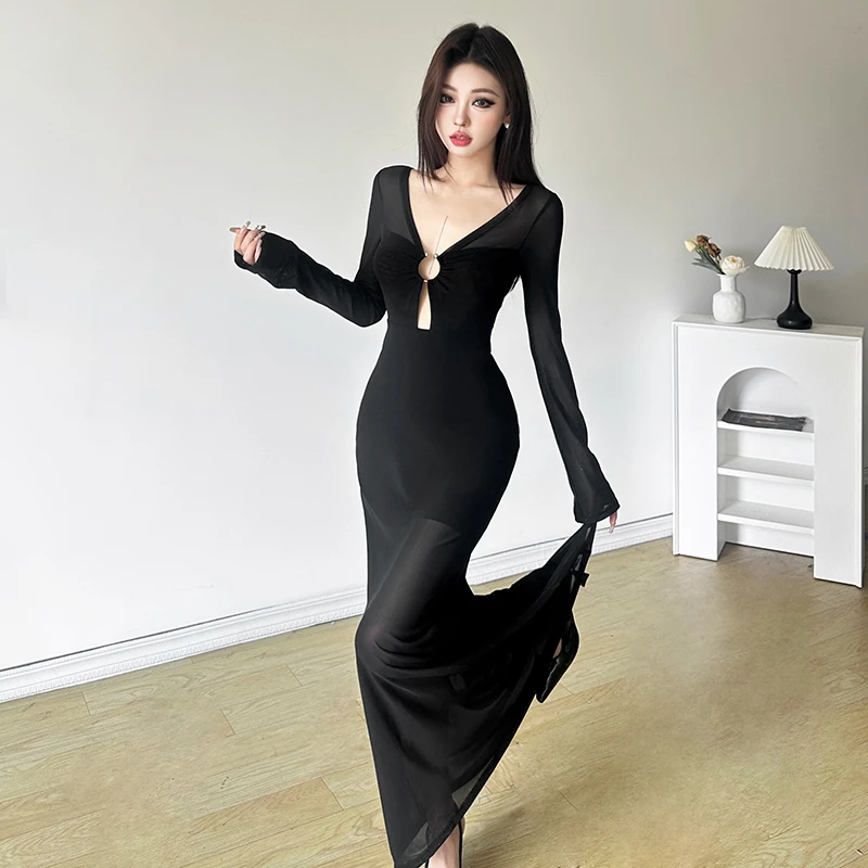 Malou 烟雨美人vibe复古晕染设计镂空修身网纱连衣裙女K24D51053