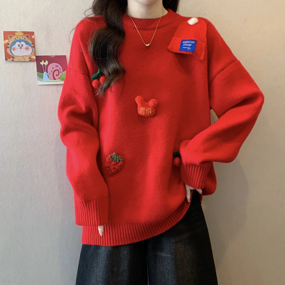 大码女装冬装圣诞毛衣宽松减龄喜庆针织立体外穿慵懒风上衣