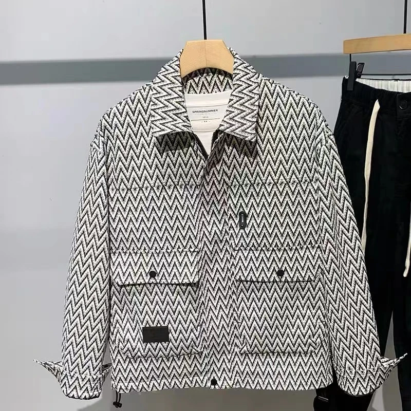 小香风条纹拼色翻领休闲百搭宽松工装夹克外套#24011