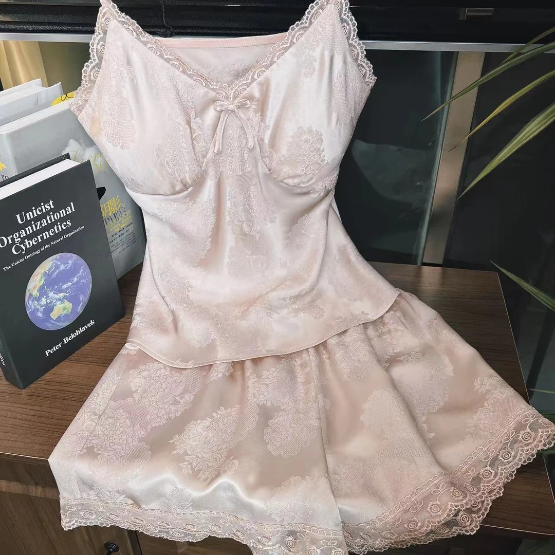 【日月禾】100%桑蚕丝重磅蕾丝花罗吊带短裤套装T2220