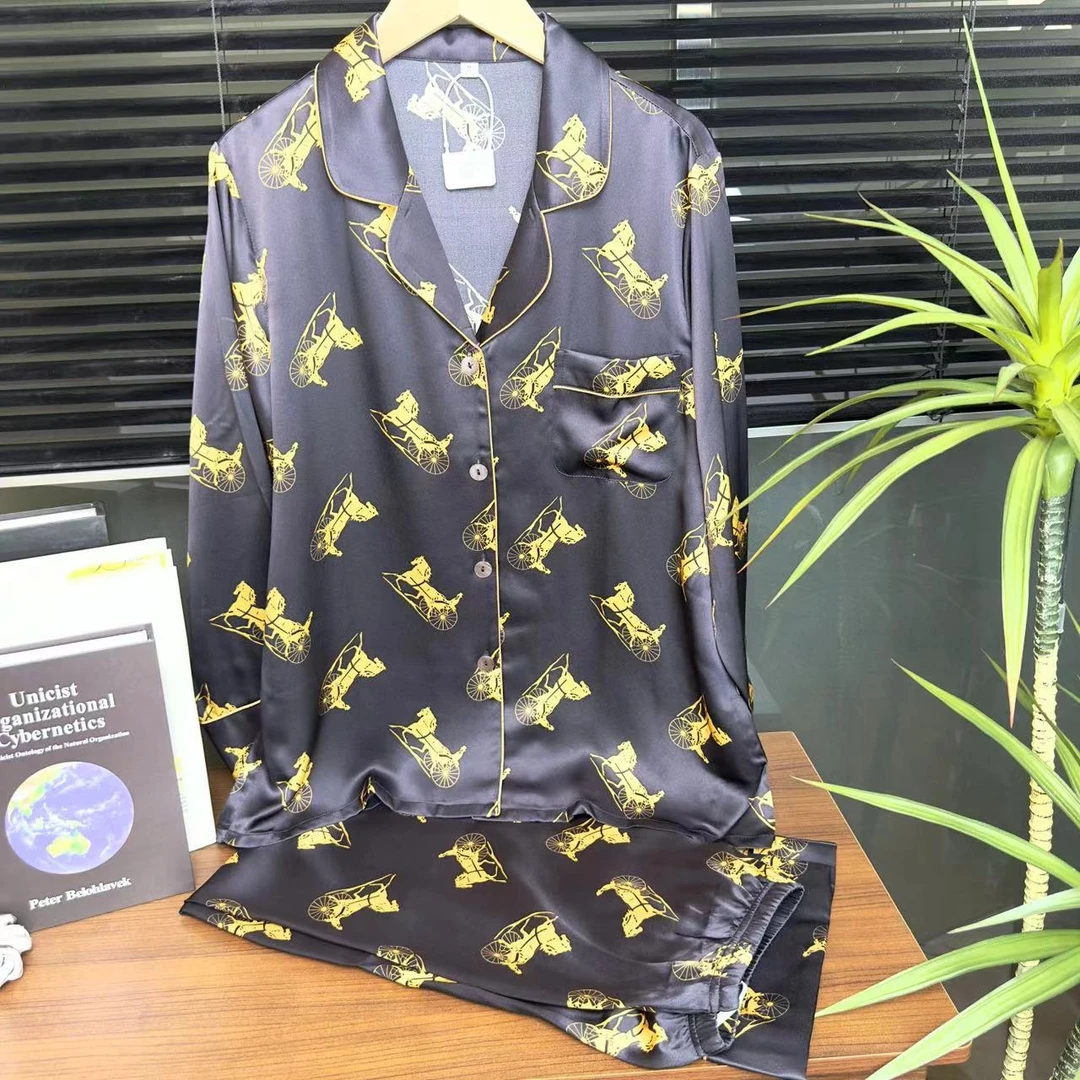 【日月禾】20姆米重磅黑色马花100%桑蚕丝真丝睡衣T2116