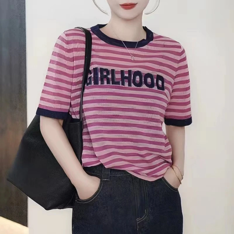 2024新款时尚百搭夏季新款韩版条纹百搭圆领套头短袖洋气针织151