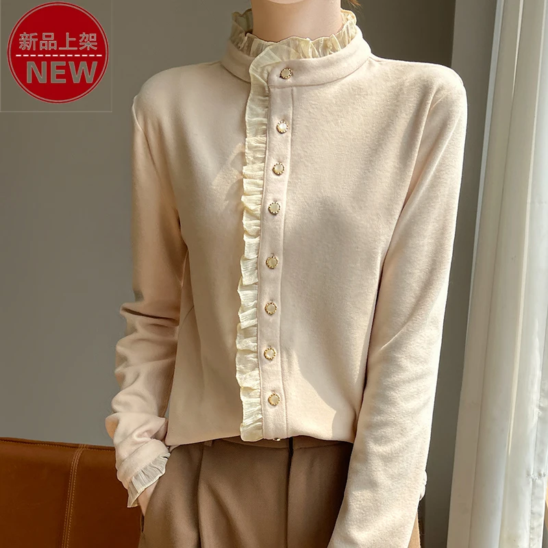 品牌优雅圆领纯色时尚蕾丝花边拼接加厚修身气质休闲百搭长袖开衫