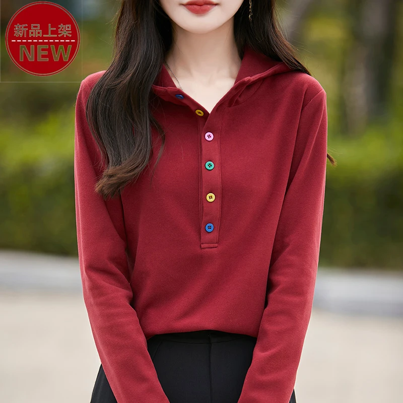 2024新款秋冬连帽彩扣打底衫时尚气质潮流休闲百搭德绒卫衣上衣女