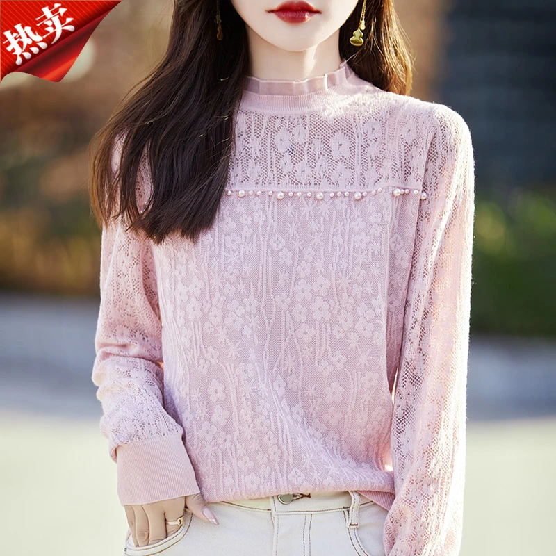 2024秋季新款圆领蕾丝木耳边肩部镂空钉珠设计气质纯色长袖针织衫