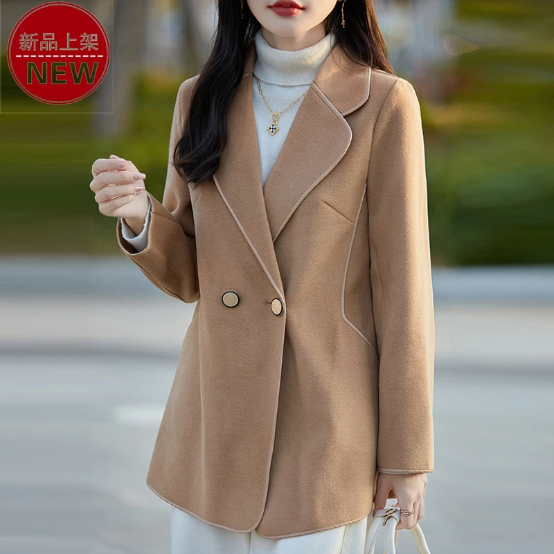 2024秋冬新款100%纯羊毛西装领短款毛呢外套时尚显瘦纯色休闲气质
