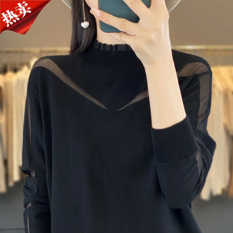 品牌时尚半高领镂空气质洋气时尚优雅宽松百搭休闲套头长袖针织衫