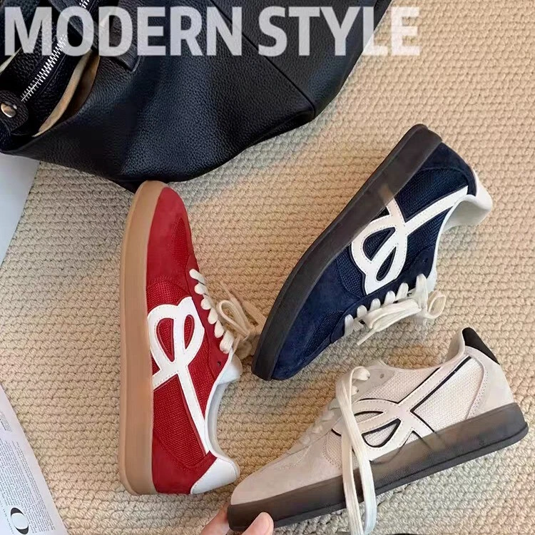 复古红色平底鞋拼色透气圆头系带厚底增高轻便德训鞋女