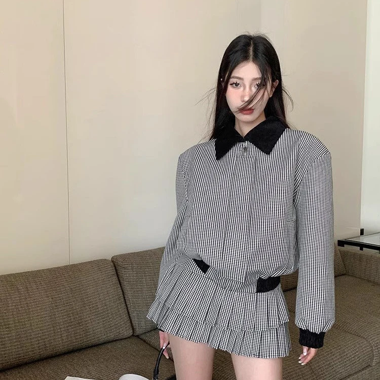 黑白格子短外套女秋季休闲套装百褶蛋糕短裙半身裙两件套