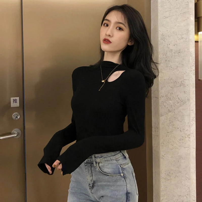 新款秋冬季女装内搭打底衫上衣设计感简约百搭洋气长袖t恤ins黑色