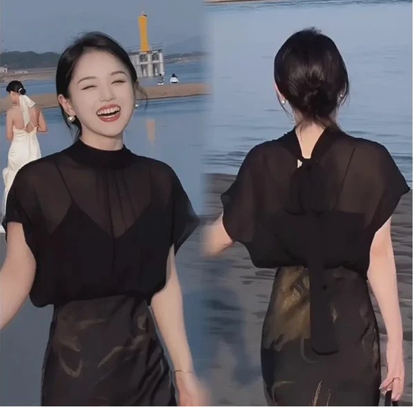 黑色短袖雪纺衫女夏薄款时尚气质减龄小立领小衫微透薄纱罩衫上衣