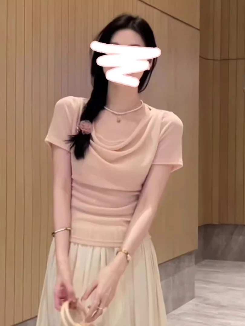 夏装新款纯欲荡领正肩洋气短袖T恤女别致绑带收腰显瘦ins上衣