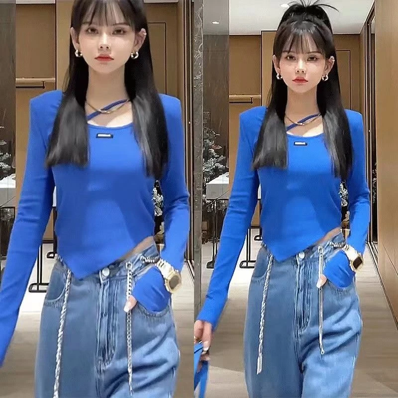 纯棉设计感长袖T恤女春夏新款露锁骨修身显瘦短款不规则上衣女