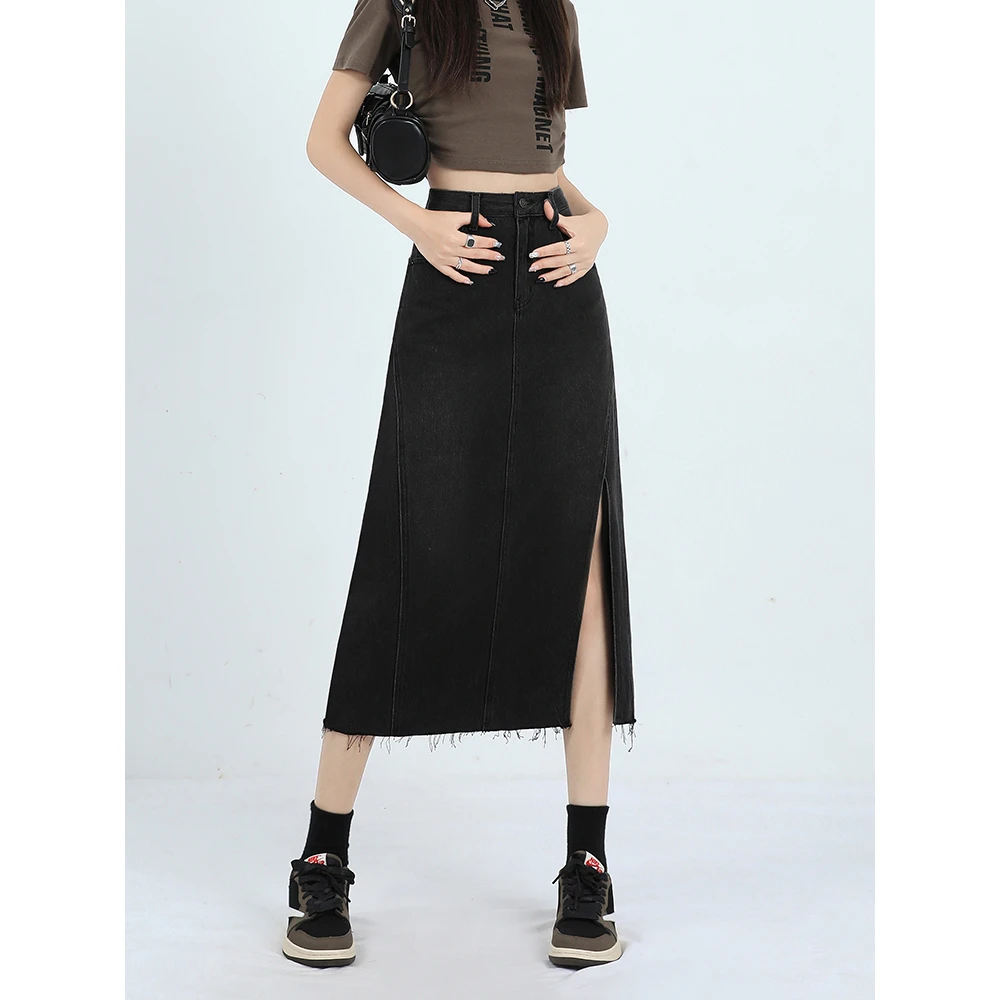 牛仔半身裙女款2025年新款高腰显瘦中长款直筒时尚开叉包臀裙8729