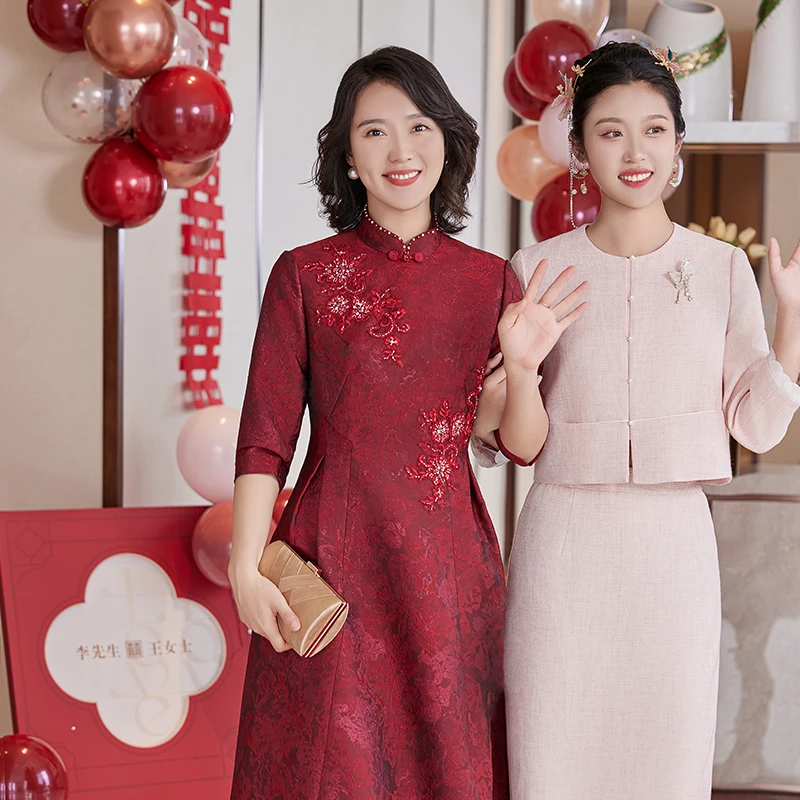 新款喜婆婆春秋中国风显瘦高级感连衣裙妈妈装婚宴旗袍礼服1278