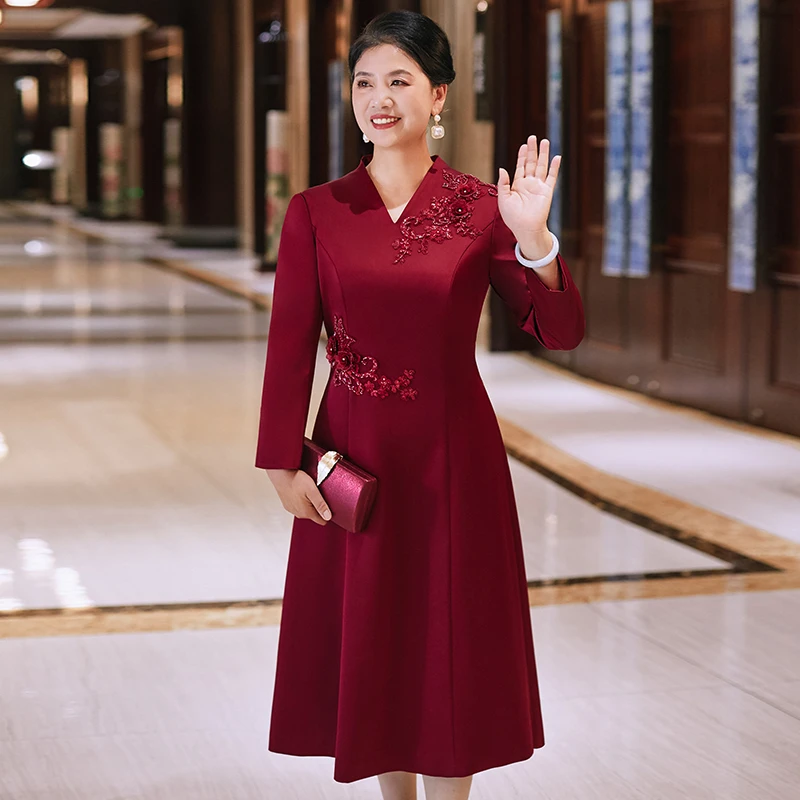 2025优雅气质修身妈妈礼服婚礼妈妈装气质显瘦连衣裙结婚婚宴415