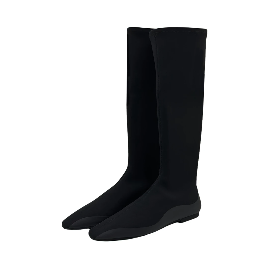 秋季新款时尚小方头黑色瘦瘦靴平底显瘦包腿百搭长靴弹力靴女士