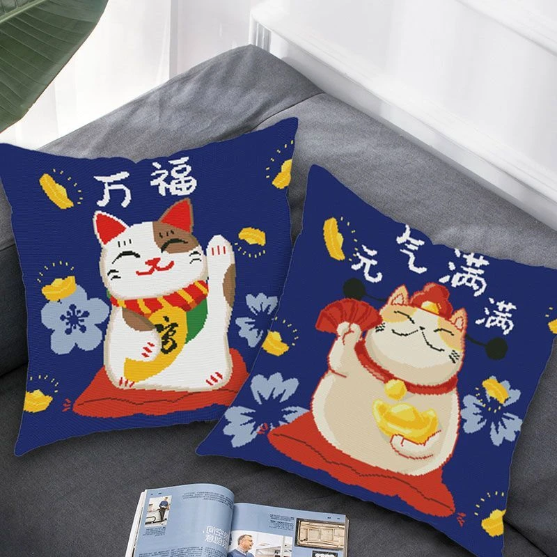 十字绣可爱猫印花抱枕套新款线绣卡通靠垫手工小件简单三边拉链