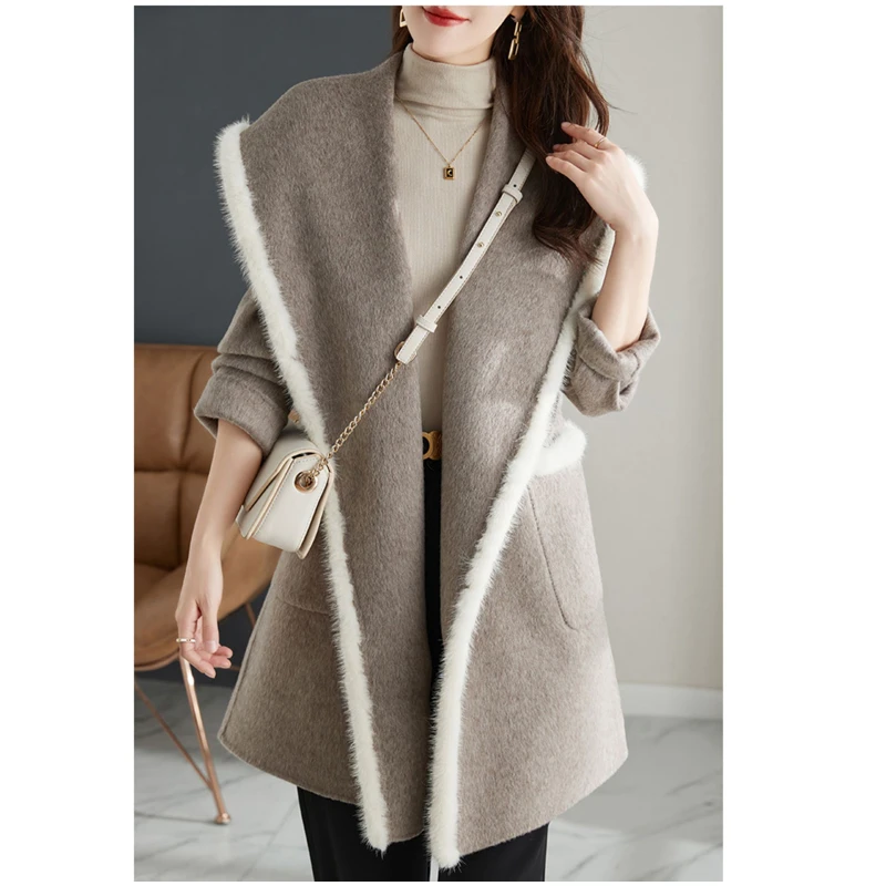 【飞姐姐】221068休闲双面羊毛大衣女装冬季时尚水貂毛呢外套潮