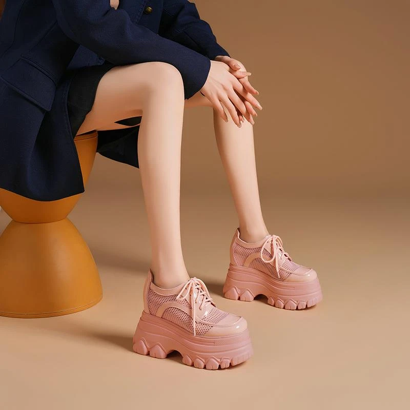 【真皮】12cm内增高网布女鞋休闲透气小个子粉色亮皮高跟运动厚底