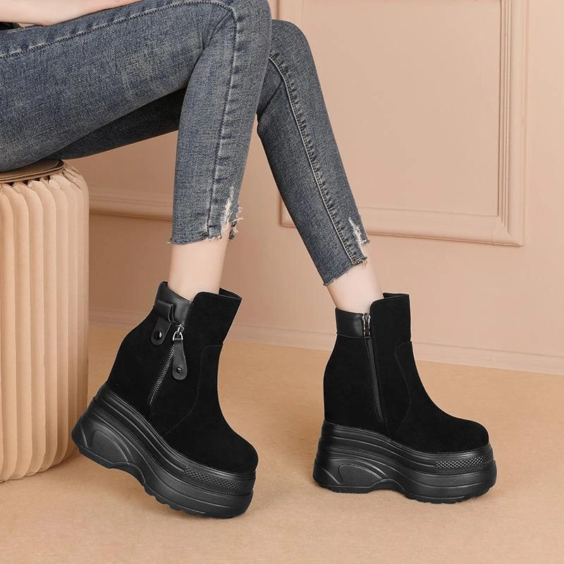 【增高14cm】真皮秋冬新款磨砂鞋面超高跟防水台内拉链马丁靴短靴