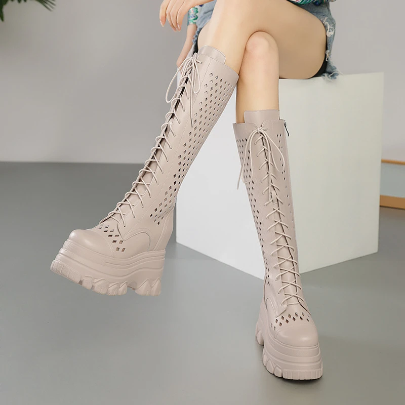 2025春夏新款12cm新款小个子长筒镂空马丁凉靴欧美内增高时尚单鞋