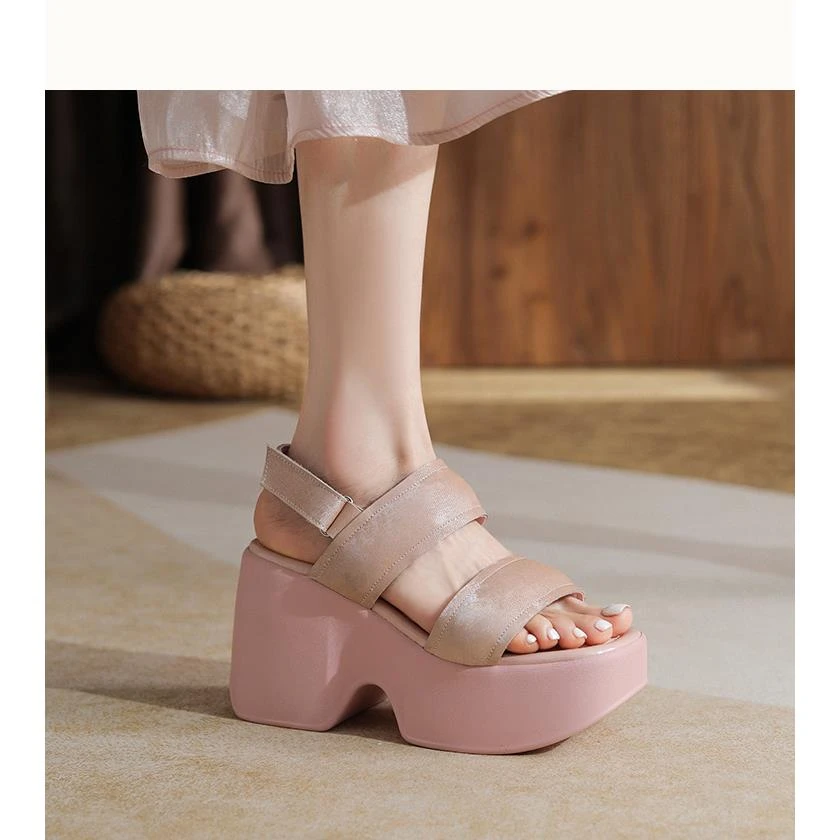 【真皮】10cm高跟松糕厚底增高凉鞋女2025新款夏季休闲一字带沙滩