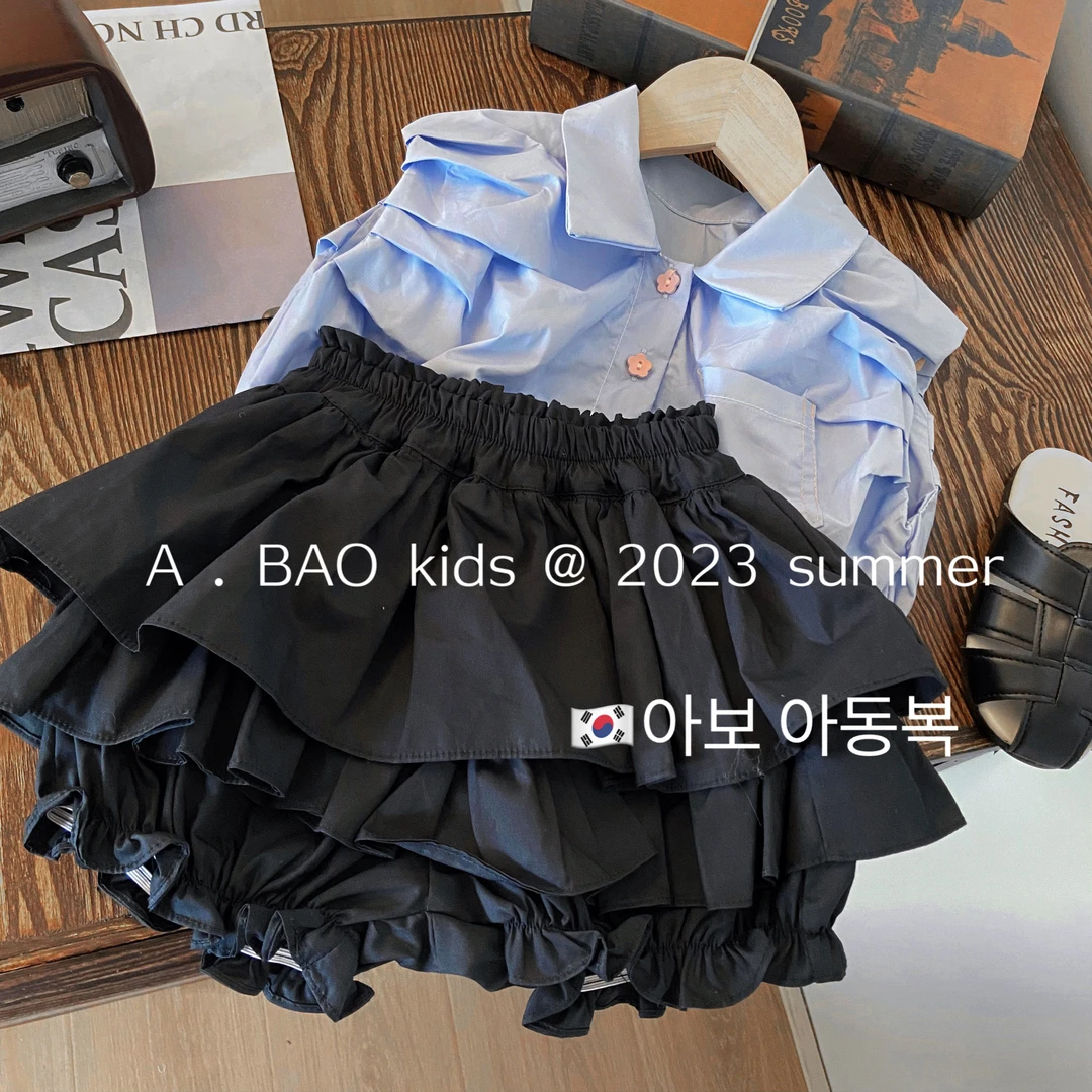 【海边的风】女童夏装套装2024新款洋气女宝宝衬衫花苞短23061