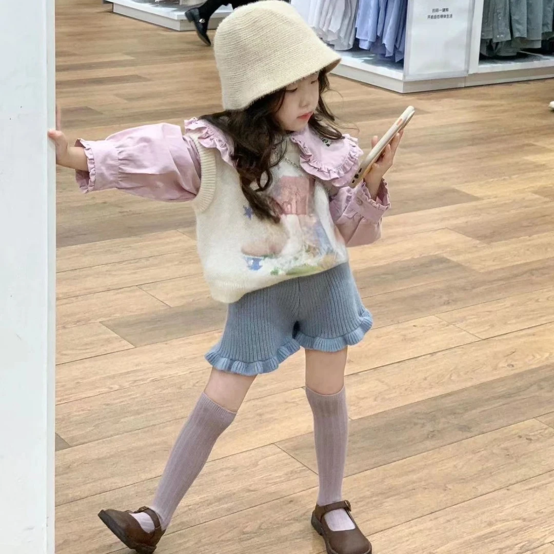 韩版童装2024春季新款洋气女童娃娃衫毛衣短裤三件套23256