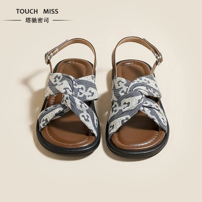 TOUCH MISS夏季平底露趾凉鞋女休闲时尚百搭软底一字扣带罗马鞋女