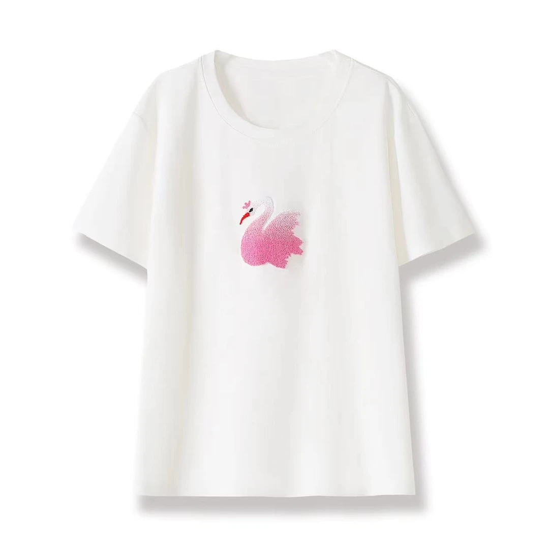 【娇漫姿】夏款白色短袖桑蚕丝重工牙刷绣休闲小天鹅百搭圆领上衣