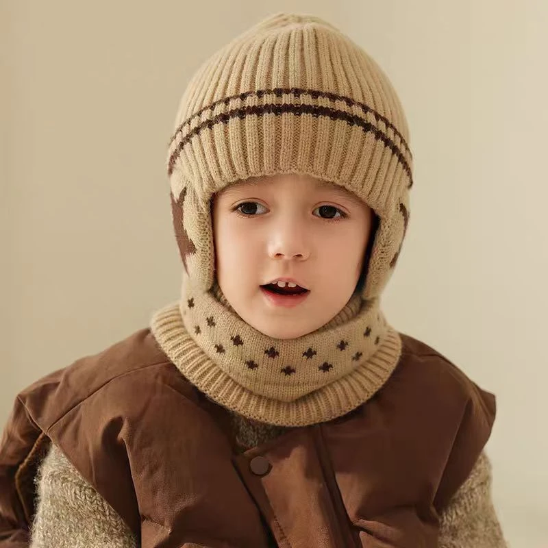 【大促】加绒护耳男女宝青春款围脖套装针织帽大童毛线帽秋冬保暖