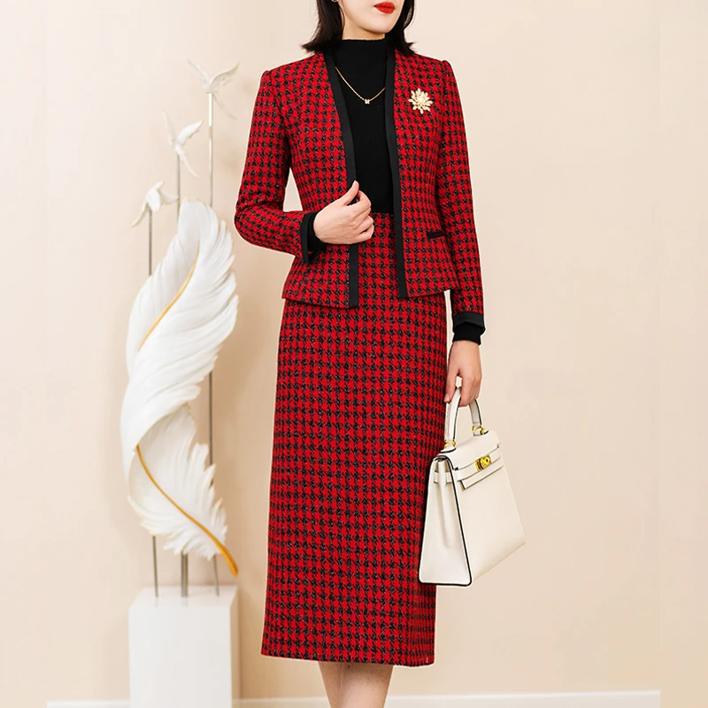 新款套装裙时尚优雅女装气质修身显瘦西装小香风千鸟格裙子