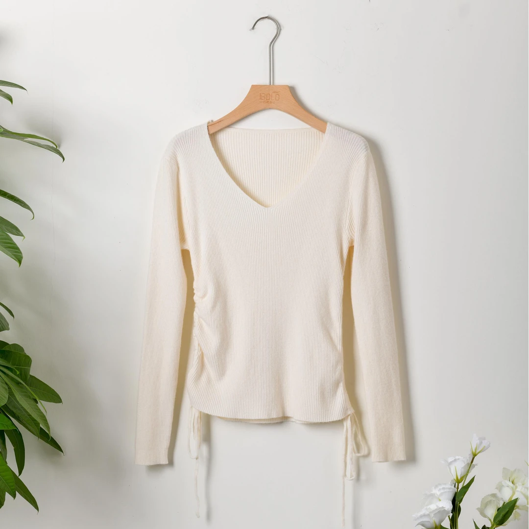 2025春季条纹v领长袖针织打底衫女设计感抽绳上衣时尚百搭修身