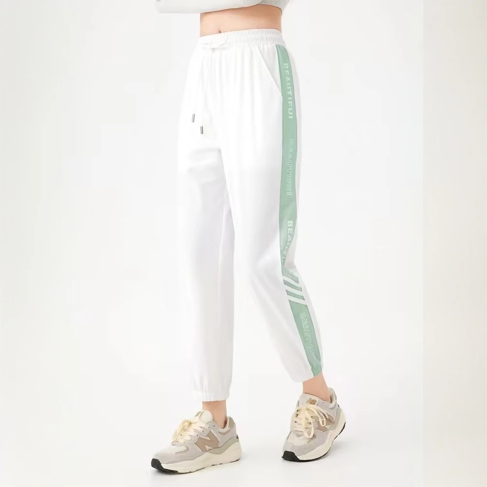 2025年春夏新女运动休闲裤织带拼接拼色束脚松紧潮流裤时尚薄款