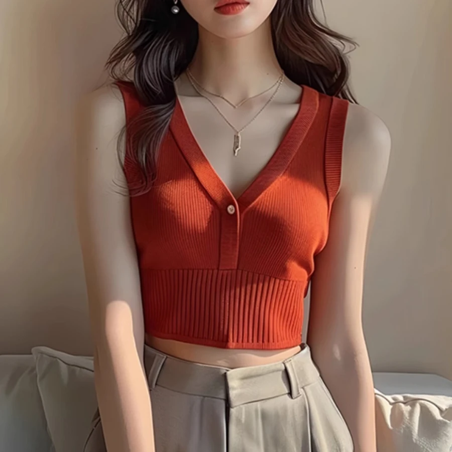 橘红色针织无袖背心2025新款夏季多巴胺泰式吊带独特别致漂亮上衣