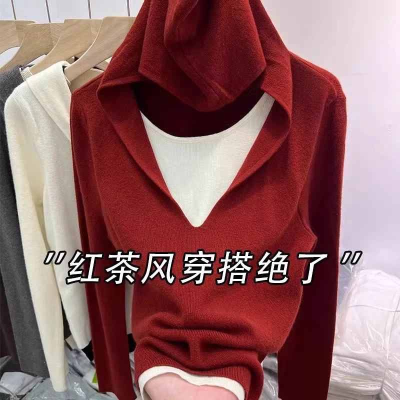 安可拉红色假两件连帽针织衫女士2025秋冬新款红茶风穿搭套头毛衣