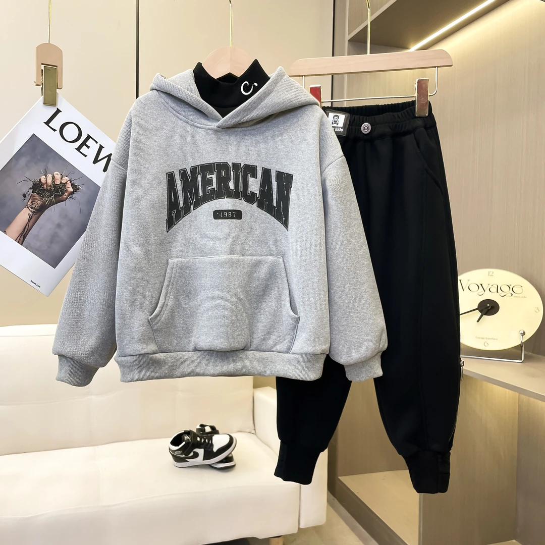 儿童中大童连帽加绒印花休闲时尚韩版百搭秋冬套头卫衣新款X-260