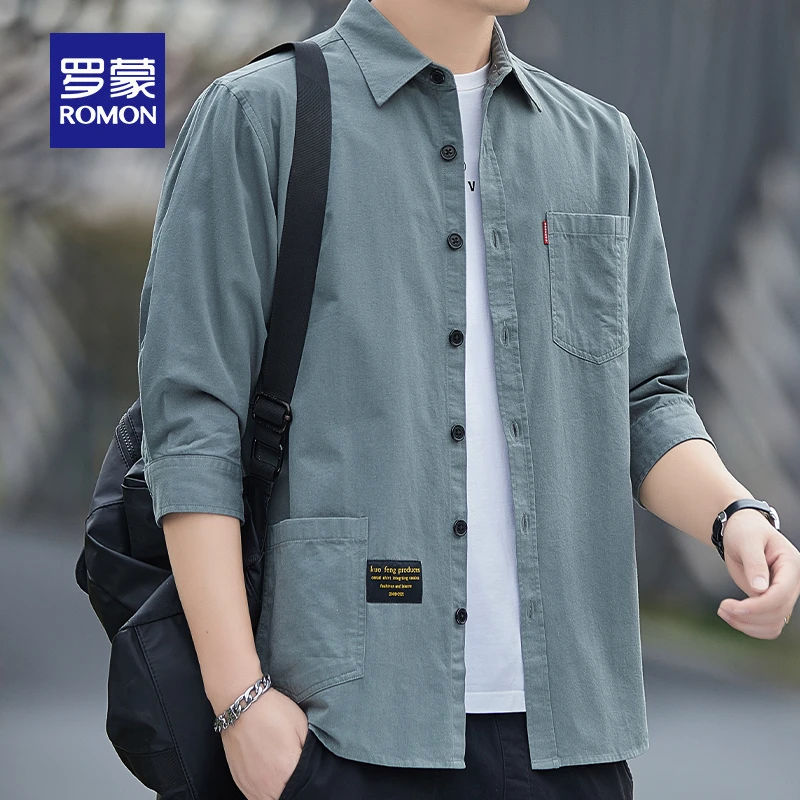 罗蒙春秋新款纯棉七分袖衬衫男士短袖外套工装衬衣中青年潮流上衣