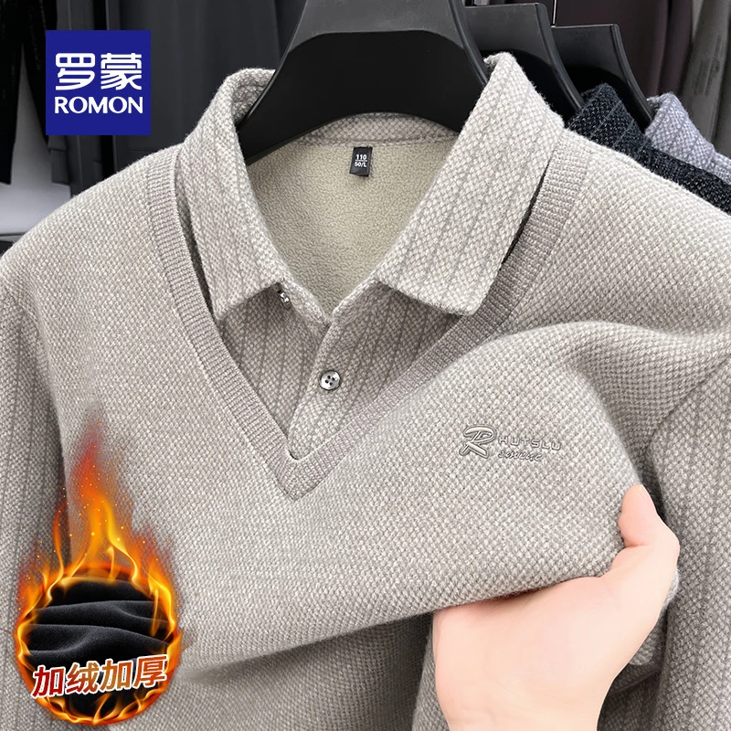 罗蒙加绒加厚中年男士假两件毛衣冬季一体绒衬衫领保暖打底上衣男