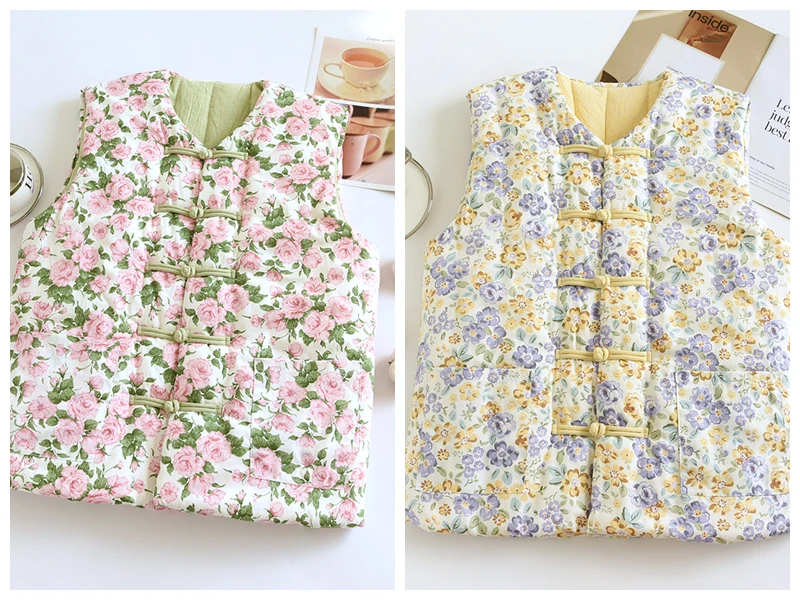 纯手工棉花袄新中式盘扣国风加厚棉马甲秋冬新款碎花坎肩背心