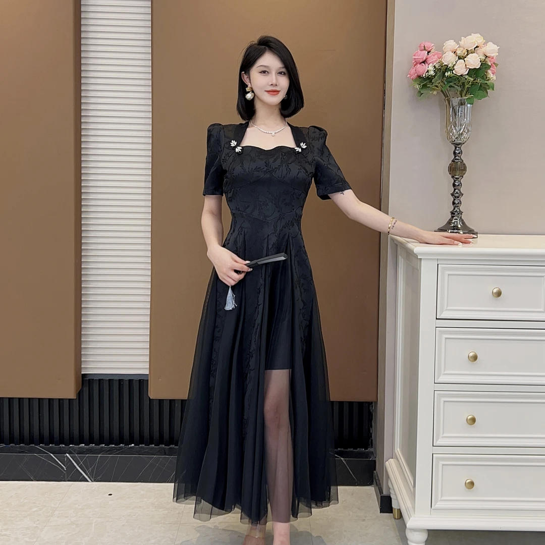 【MD设计师品牌】【青衫烟雨】国风提花大裙摆方领连衣裙