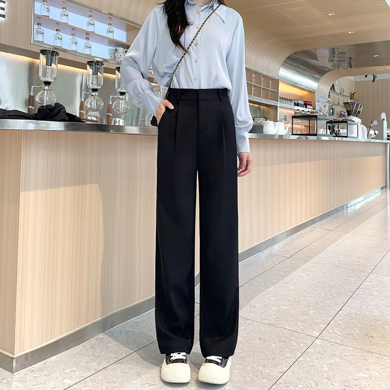 黑色西装小个子女裤直筒宽松韩版高腰垂感休闲阔腿拖地垂感直筒裤
