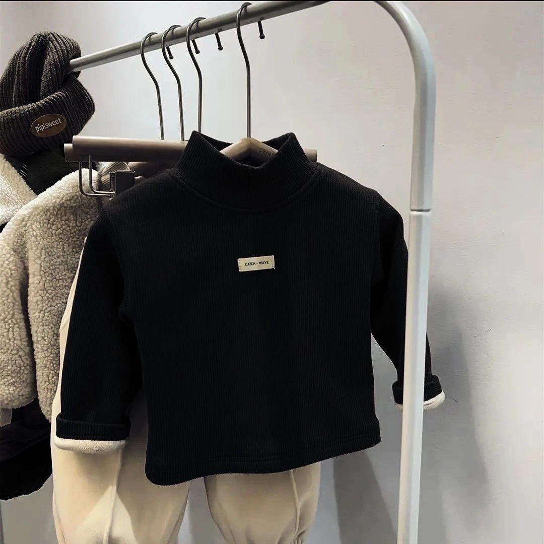 2023新款宝宝加厚半高领T恤冬韩版男女童打底衫加绒保暖洋气上衣~