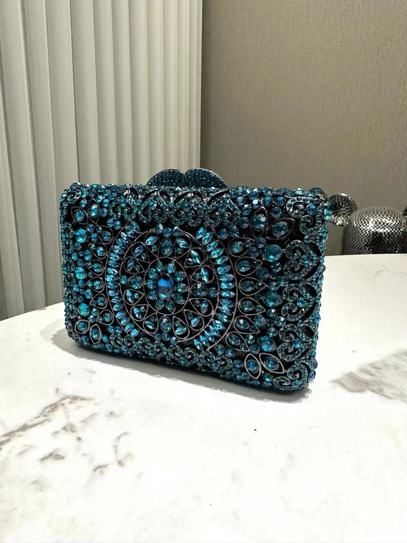HCBCBY蓝色镶钻女士晚宴包名媛纯手工带钻闪闪重工轻奢高雅