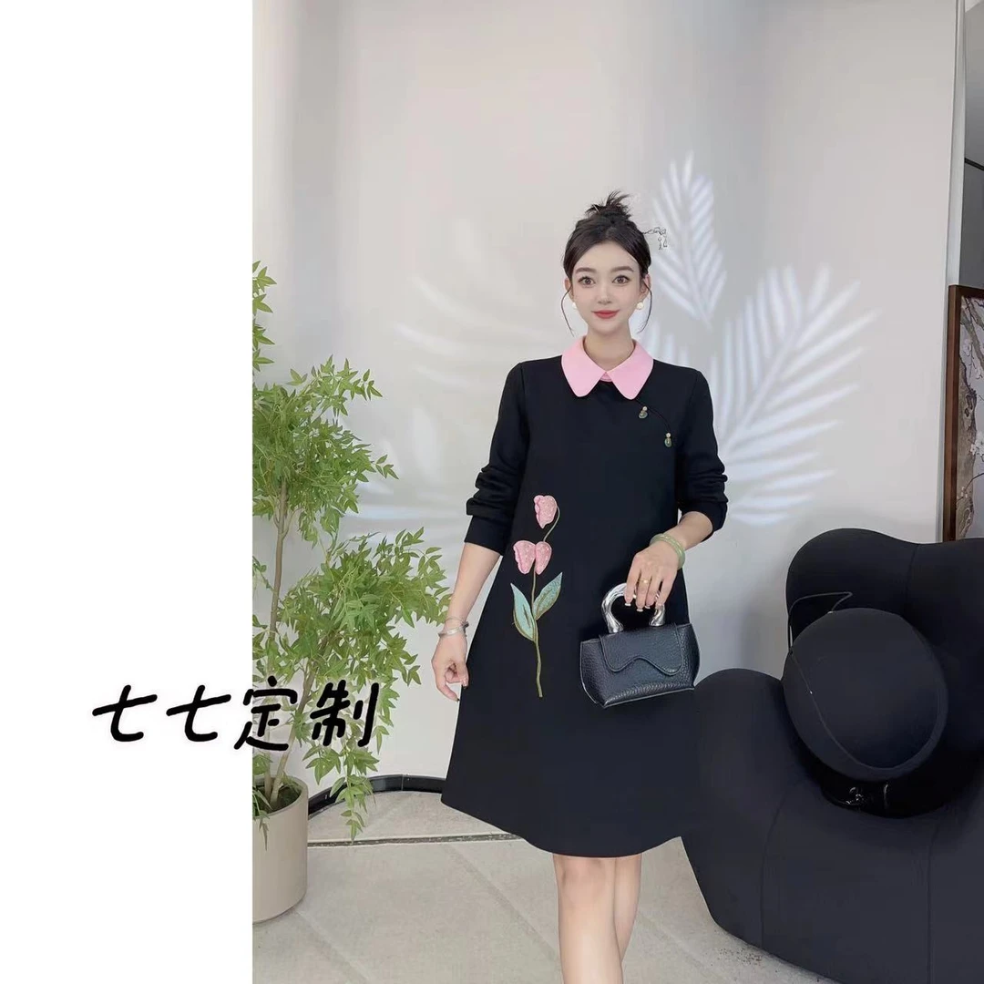 [七七定制]小翻领刺绣重工复古新中式连衣裙3025