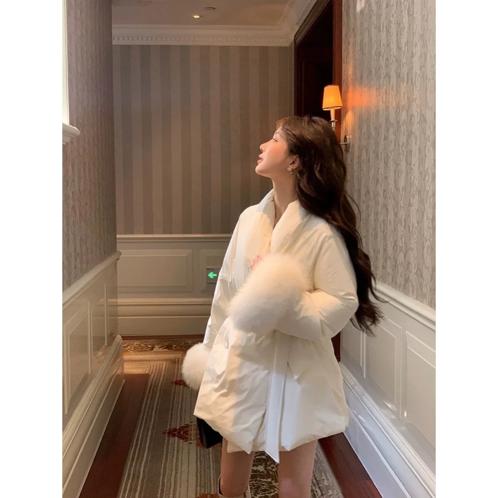 2025冬季新款毛毛袖口90白鸭绒韩版时尚羽绒服女中长款小个子外套